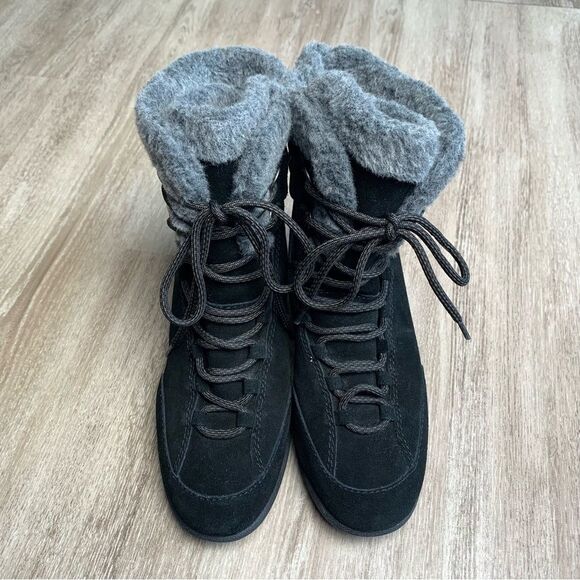 Nine West Growler Black Leather Suede Fur Wedge Boots - Picture 2 of 7